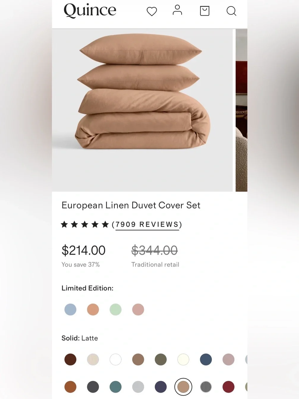 Quince European Linen 3 Piece Duvet Cover Set, King/Cal (Latte)